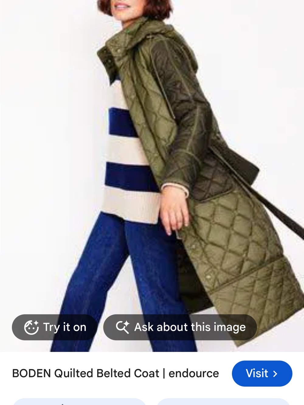 Boden Quilted Belted Trench Coat - Olive Green